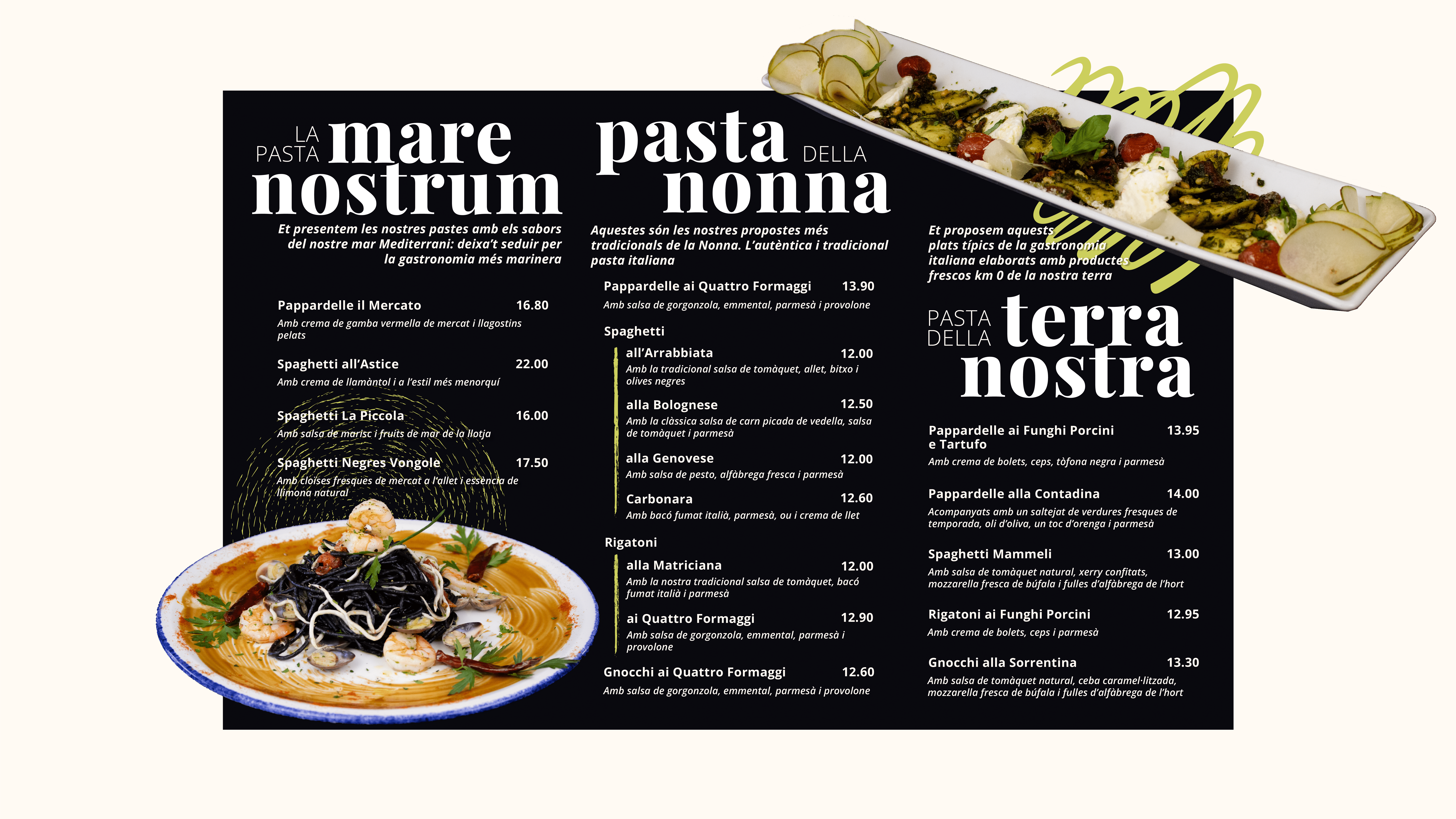 Carta de plats amb ingredients del mar i tradicionals